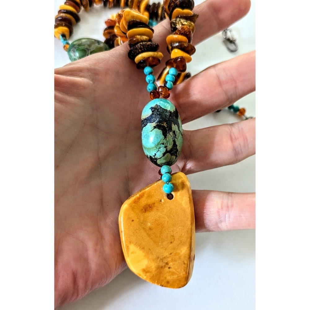 Sterling Egg Yolk Baltic Amber Blue Turquoise Chunks Beaded Pendant Necklace 22" - Picture 9 of 12